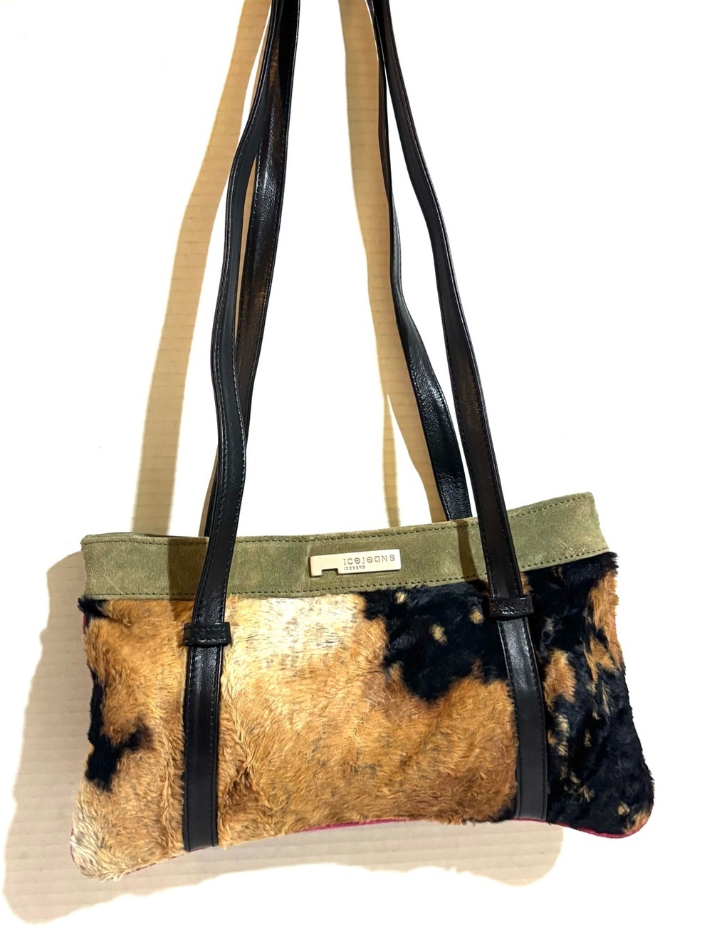 Ice Olive Trim Faux Fur Shoulder Bag with Black Straps